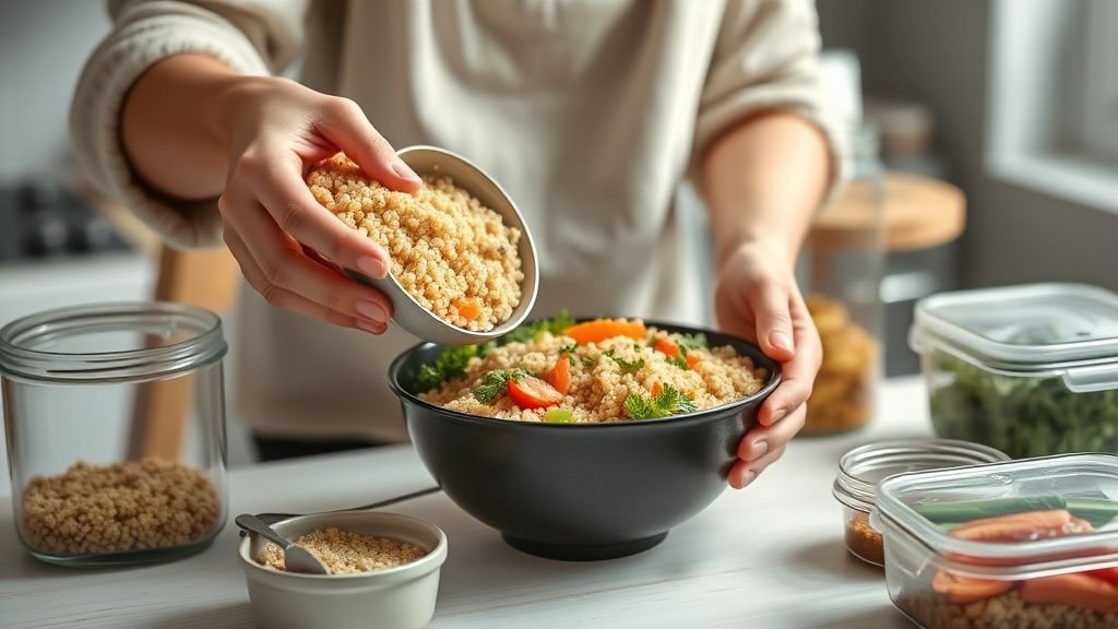 Mains préparant un repas maison simple avec quinoa et légumes dans une cuisine lumineuse