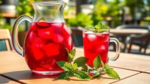 Karkadé glacé maison : la boisson florale de l’été 2 Carafe de karkadé glacé rouge rubis avec menthe fraîche sur une table en bois au soleil