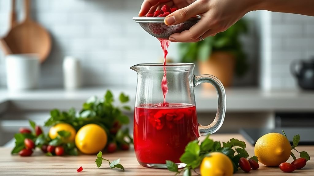 Mains filtrant une infusion d’hibiscus rouge dans une carafe en verre sur un plan de travail