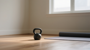 Kettlebell posée sur un sol en bois dans un coin sport minimaliste baigné de lumière naturelle