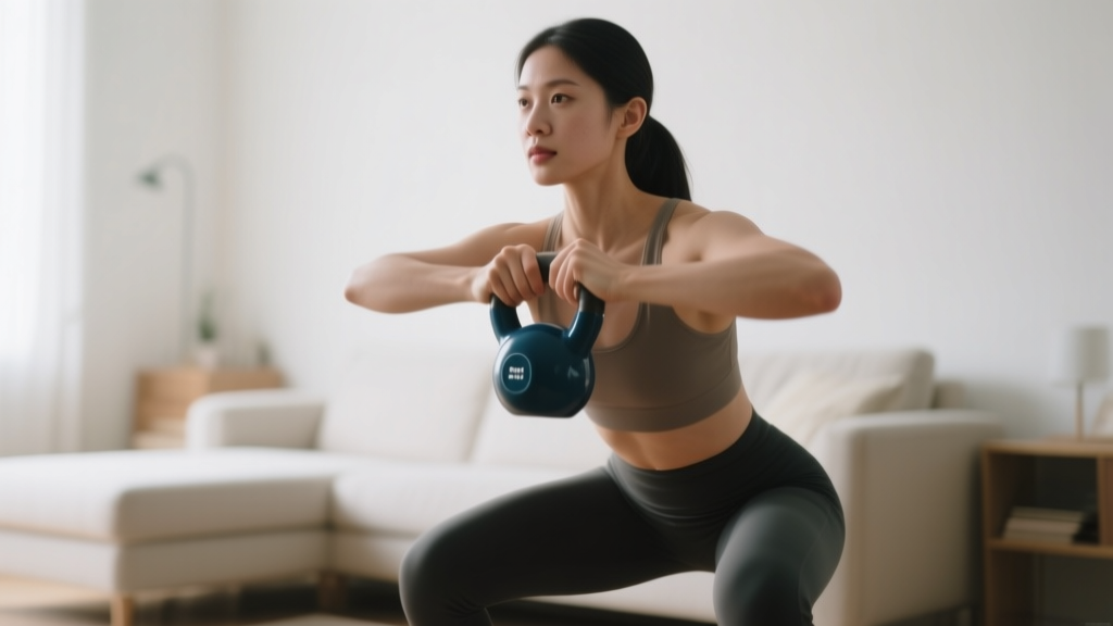Mains tenant une kettlebell pendant un squat dans un salon lumineux