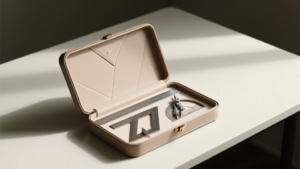 Pourquoi le kit de géométrie luxe fascine autant en mode 1 Étui en cuir luxueux ouvert avec règle, équerre et rapporteur en métal sur un bureau minimaliste