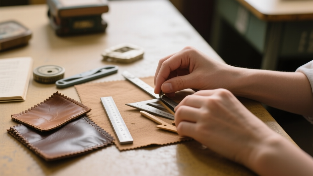 Pourquoi le kit de géométrie luxe fascine autant en mode 2 Mains disposant des outils de géométrie près de matières en cuir texturé et d’objets vintage