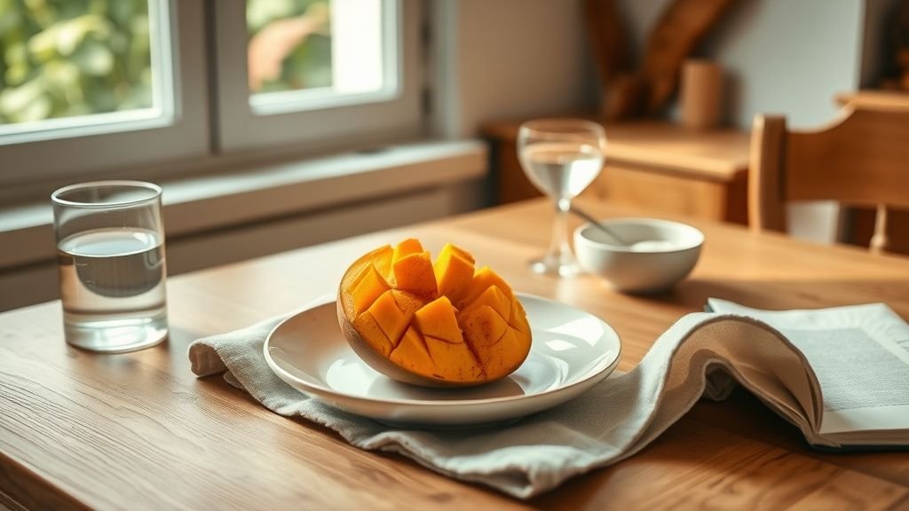 Mangue et perte de poids : comment la savourer sans excès 1 Mangue coupée sur une table en bois avec yaourt nature, lumière douce et ambiance estivale