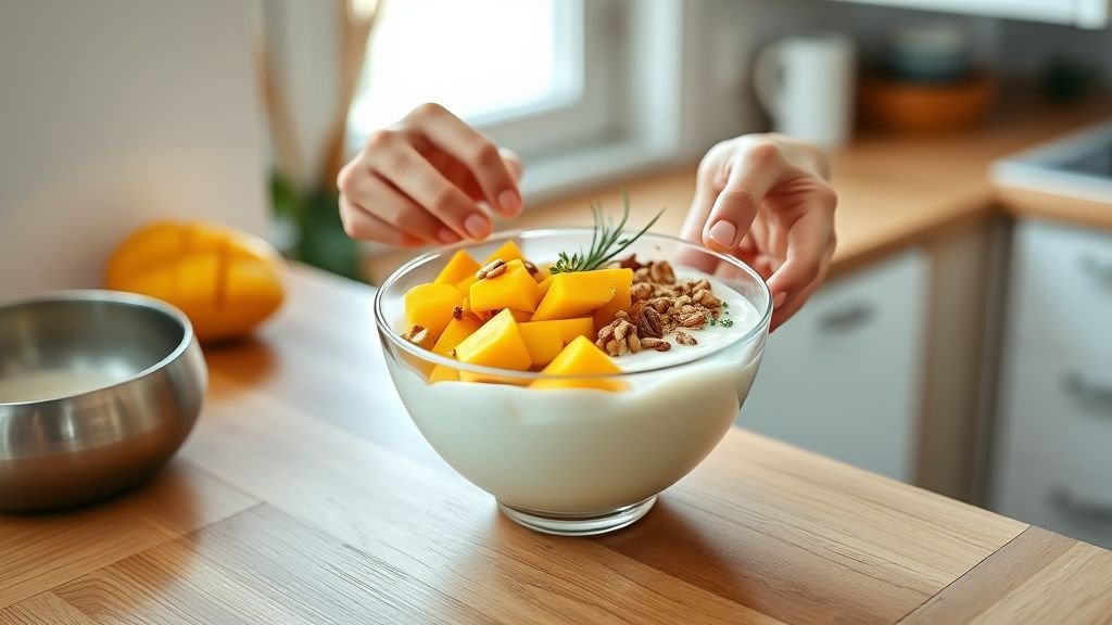 Mangue et perte de poids : comment la savourer sans excès 2 Mains préparant un bol équilibré avec mangue, yaourt nature et noix sur un plan de travail