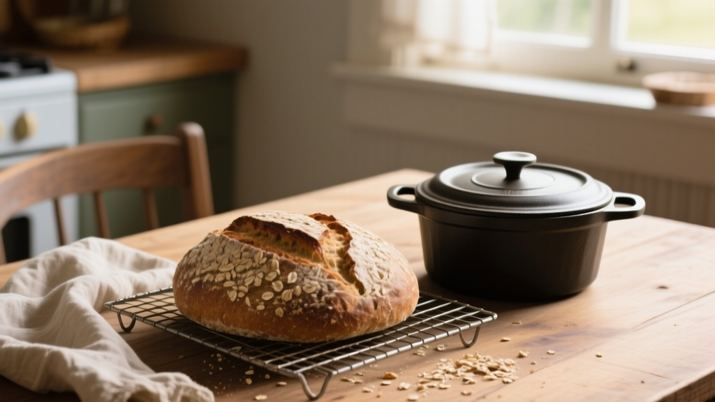 Pain au levain sans gluten à l’avoine refroidissant sur une grille près d’une cocotte en fonte