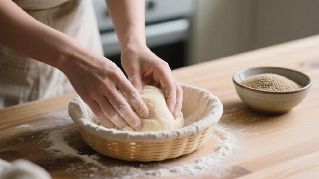 Mains façonnant une pâte sans gluten dans un banneton avec un bol de psyllium sur un plan de travail