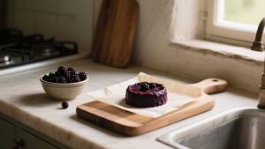 Pâte de fruits au cassis maison dans un cadre carré, avec cassis frais et lumière naturelle en cuisine