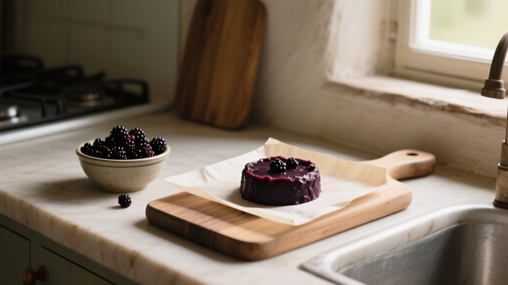 Pâte de fruits au cassis maison dans un cadre carré, avec cassis frais et lumière naturelle en cuisine