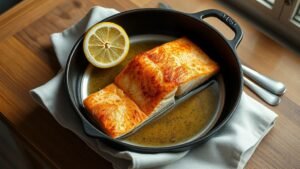 Pavé de saumon à la poêle croustillant : cuisson facile 2 Pavé de saumon croustillant servi avec citron dans une cuisine lumineuse et naturelle