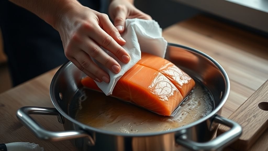 Pavé de saumon à la poêle croustillant : cuisson facile 2 Mains séchant un pavé de saumon avant cuisson à côté d’une poêle chaude