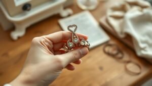 Main tenant une pince à cheveux personnalisable sur une coiffeuse en bois, dans une lumière douce et naturelle