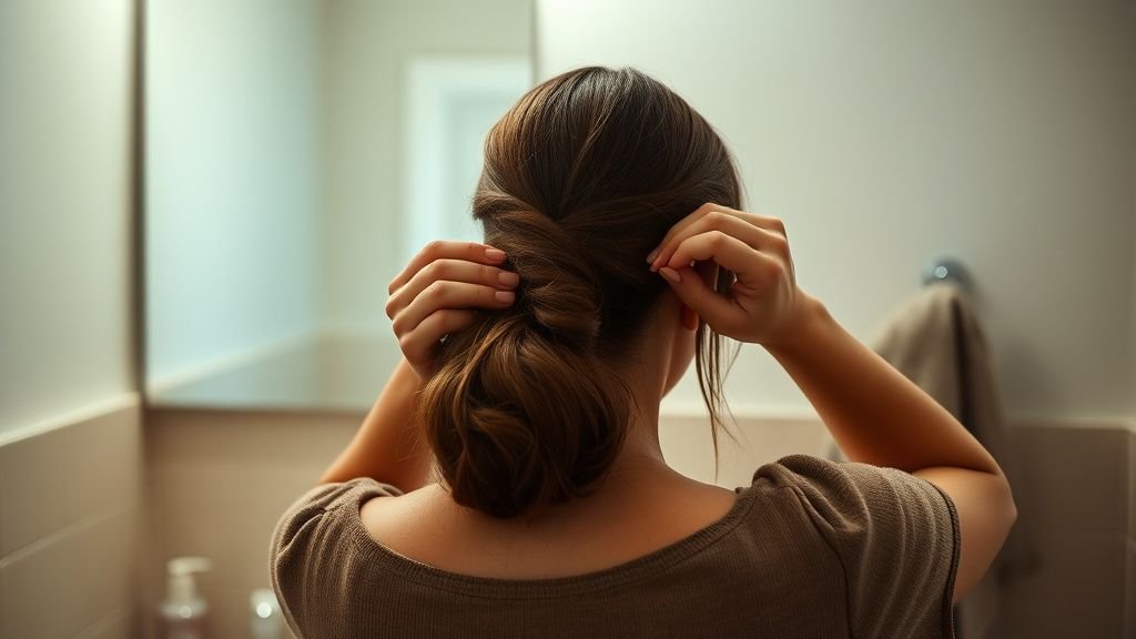Pince à cheveux personnalisable : le bon plan beauté à moins de 15 € 2 Femme attachant ses cheveux avec une pince à cheveux dans une salle de bain lumineuse et naturelle