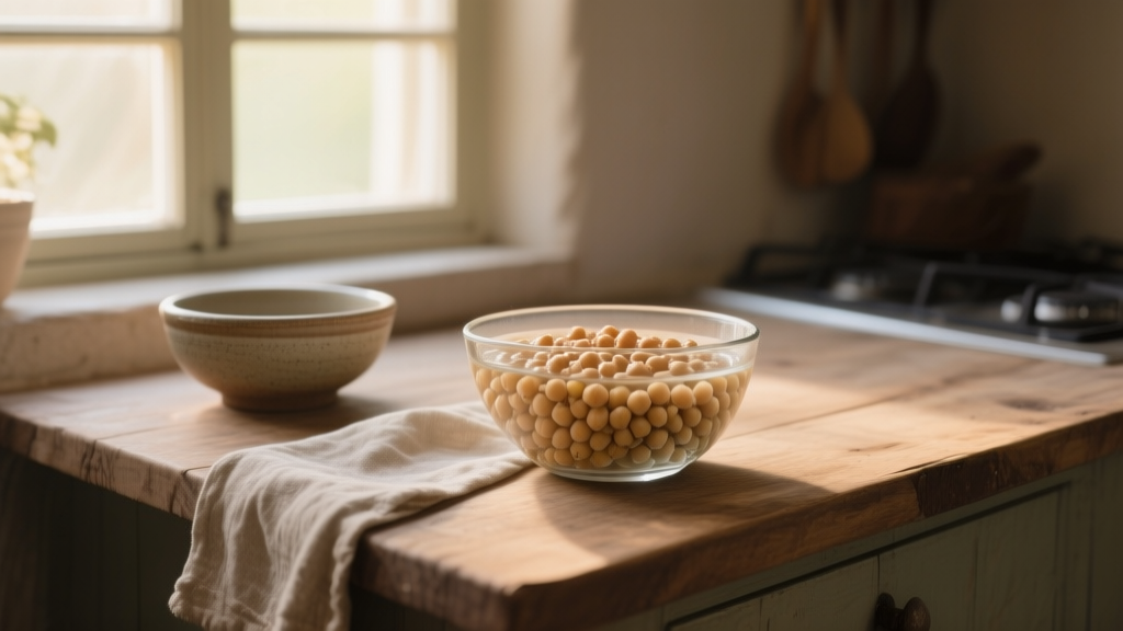 Pois chiches durs ? Le vrai rôle de votre eau 1 Pois chiches trempant dans un bol en céramique sur un plan de travail en bois, lumière naturelle douce