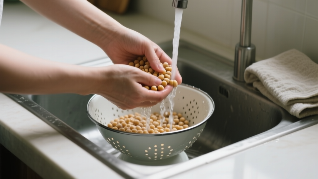 Pois chiches durs ? Le vrai rôle de votre eau 2 Mains rinçant des pois chiches dans une passoire au-dessus de l’évier, ambiance naturelle et simple