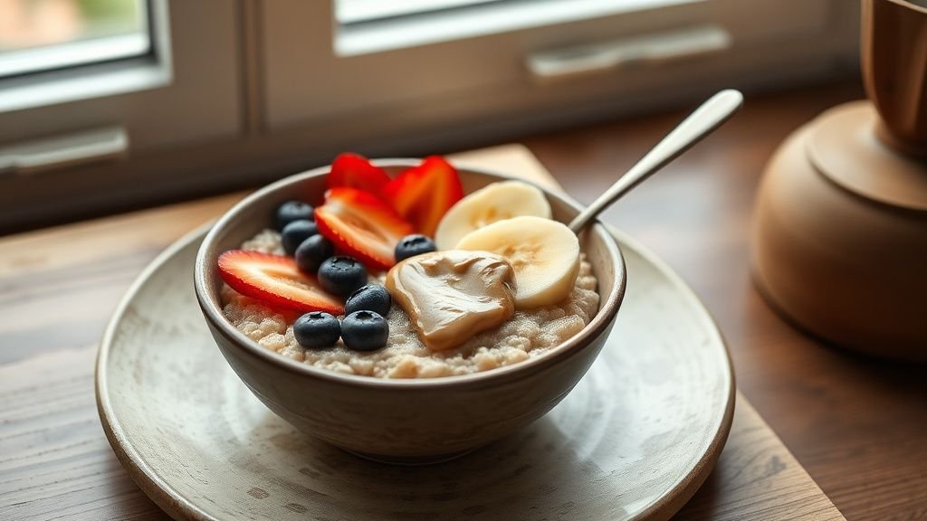 Bol de porridge de sarrasin garni de fruits frais sur une table en bois, lumière naturelle du matin