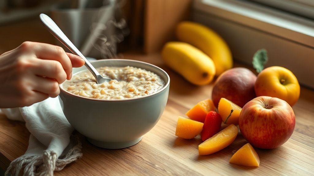 Mains servant un porridge de sarrasin chaud à côté de fruits frais sur un plan de travail en bois