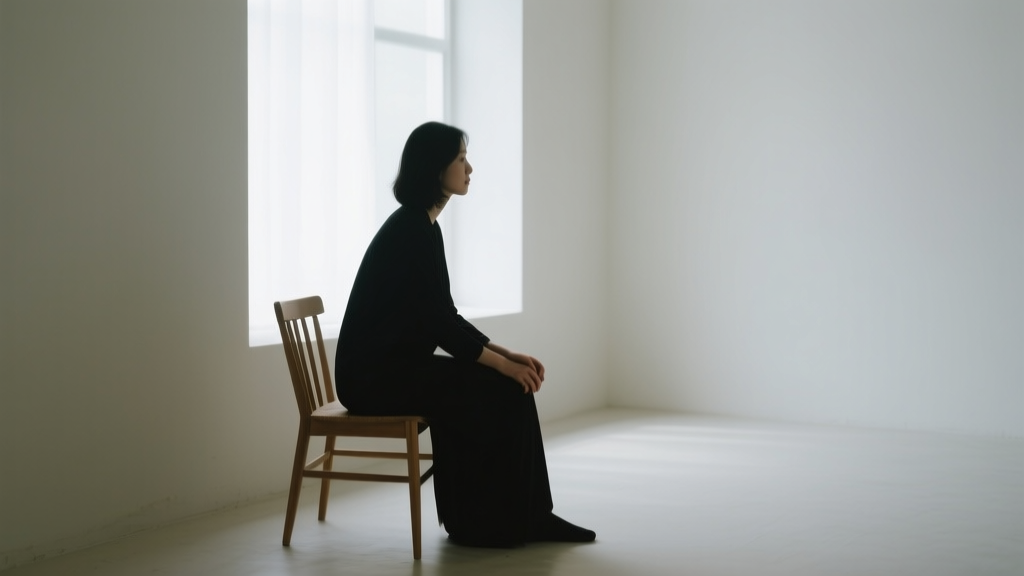 Femme assise sur le bord d’une chaise, tournée légèrement, sous une lumière naturelle douce