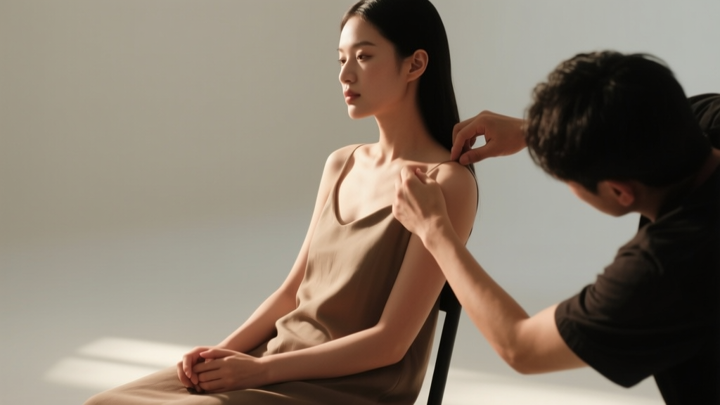 Mains ajustant la posture d’une personne assise dans une ambiance lumineuse et naturelle