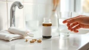 Probiotiques : bien les choisir et les utiliser sans se tromper 2 Mains tenant un flacon générique de compléments près d’un verre d’eau dans une lumière douce