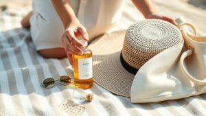 Mains posant une huile capillaire et un chapeau de paille sur une serviette de plage sous lumière naturelle