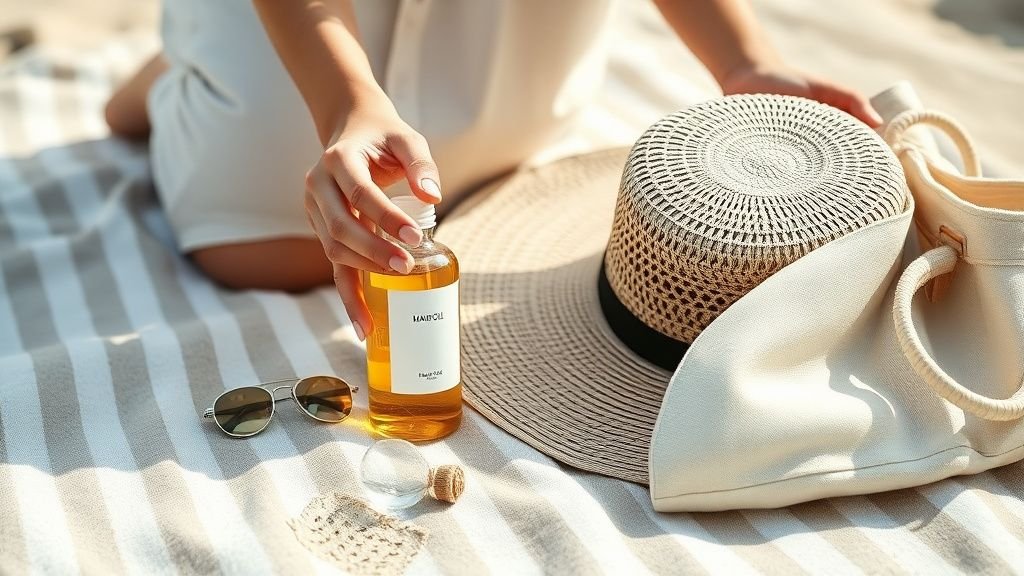 Mains posant une huile capillaire et un chapeau de paille sur une serviette de plage sous lumière naturelle