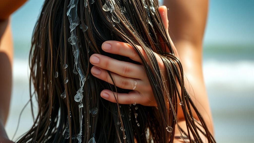 Cheveux rincés à l’eau douce après la baignade avec la mer floue en arrière-plan