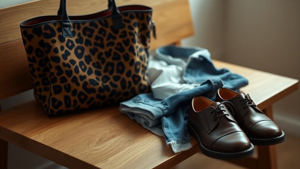 Sac léopard et jean basique : l’astuce mode qui change tout 2 Sac léopard posé près d’un jean plié et d’une chemise blanche dans une ambiance douce
