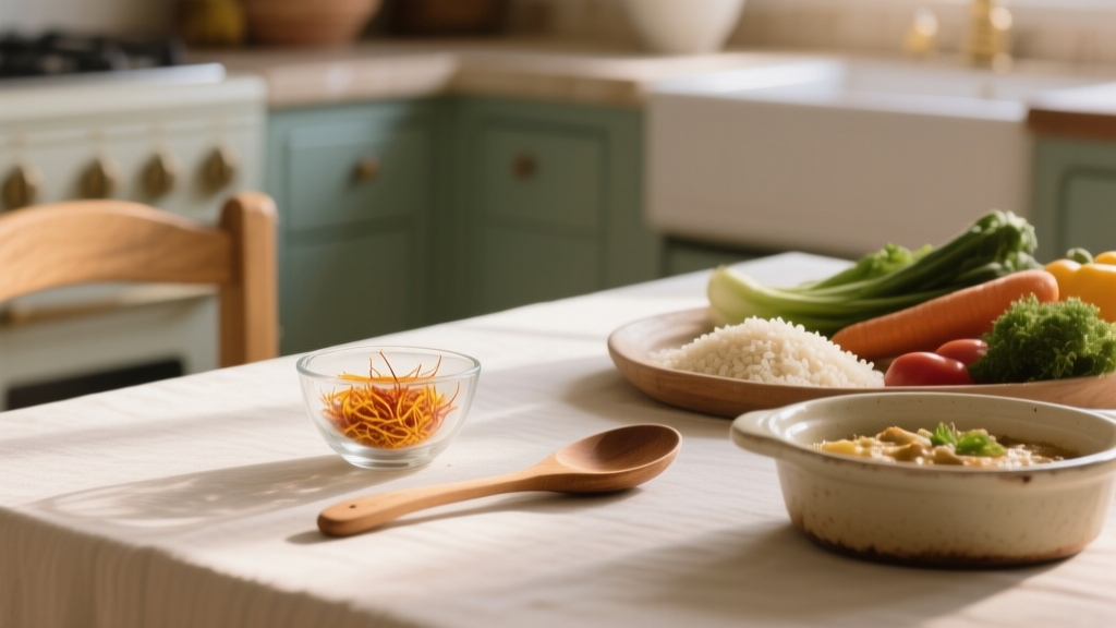 Filaments de safran sur une table de cuisine avec riz et légumes sous lumière naturelle