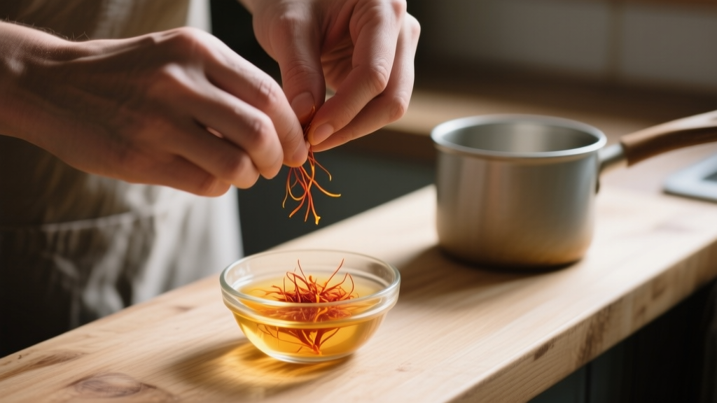 Mains faisant infuser du safran dans un petit bol en verre sur un plan de travail en bois