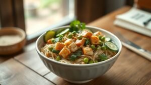 Bol de salade de vermicelles de riz au tempeh mariné, concombre, edamames et herbes fraîches sur table en bois