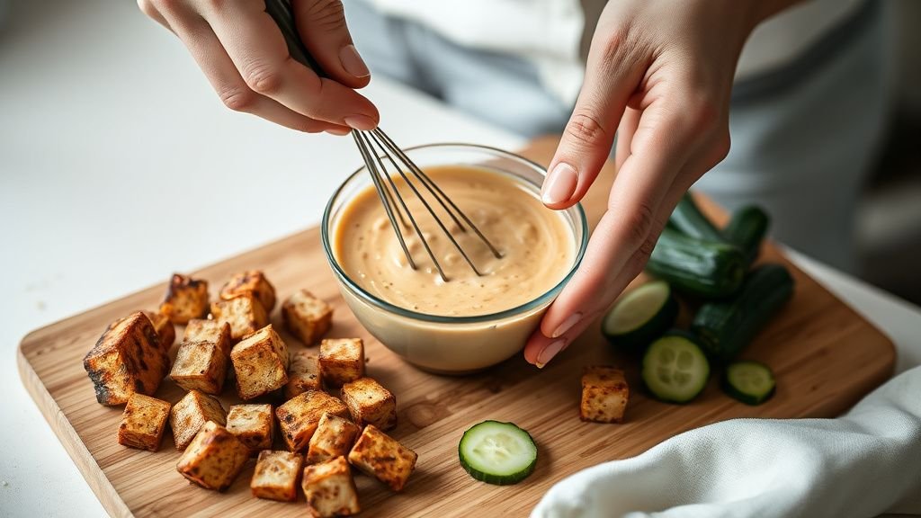 Mains préparant une sauce cacahuète-sésame près de cubes de tempeh et de concombre frais