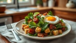 Salade lyonnaise avec frisée, lardons, croûtons dorés et œuf poché sur une table en lin