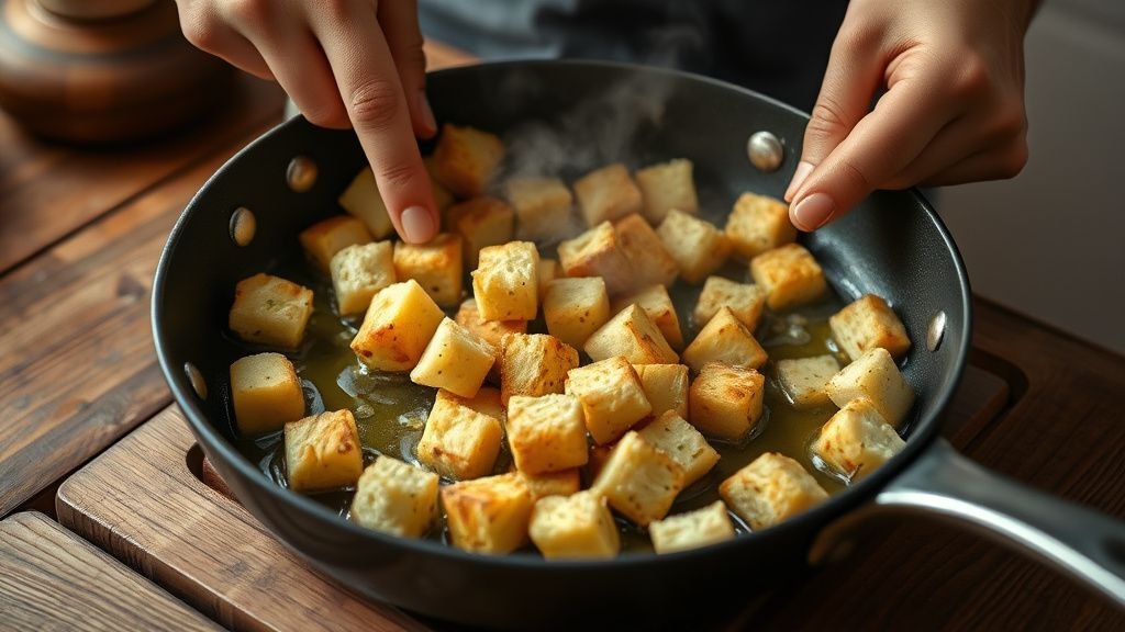 Mains préparant des croûtons sans gluten à la poêle sur un plan de travail en bois
