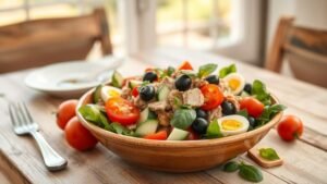 Salade niçoise traditionnelle servie dans un grand saladier avec tomates, œufs, olives et basilic
