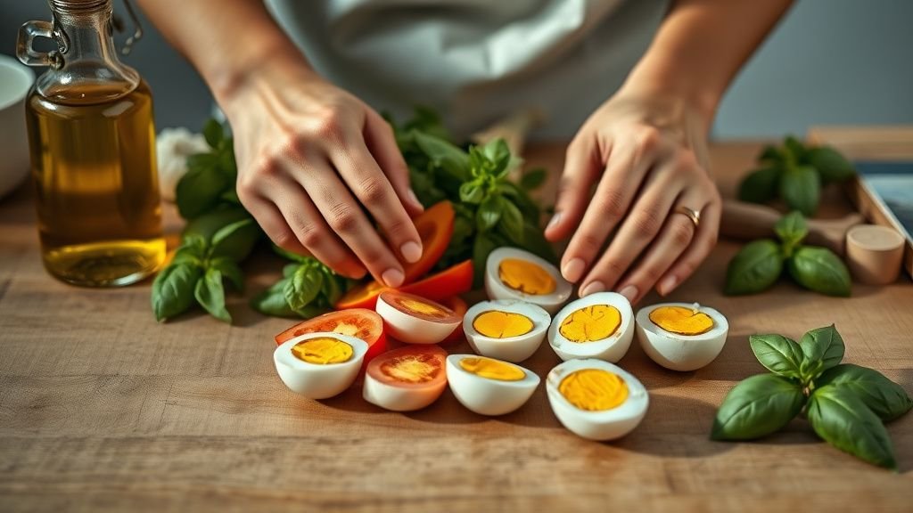 Mains disposant des légumes crus et des œufs pour préparer une salade niçoise sur un plan de travail