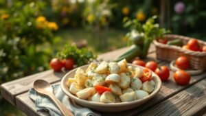 Salade piémontaise sans lactose servie dans un bol rustique sur une table de pique-nique estivale