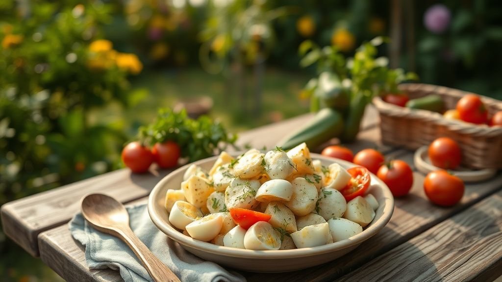 Salade piémontaise sans lactose : la version fraîche et douce 1 Salade piémontaise sans lactose servie dans un bol rustique sur une table de pique-nique estivale