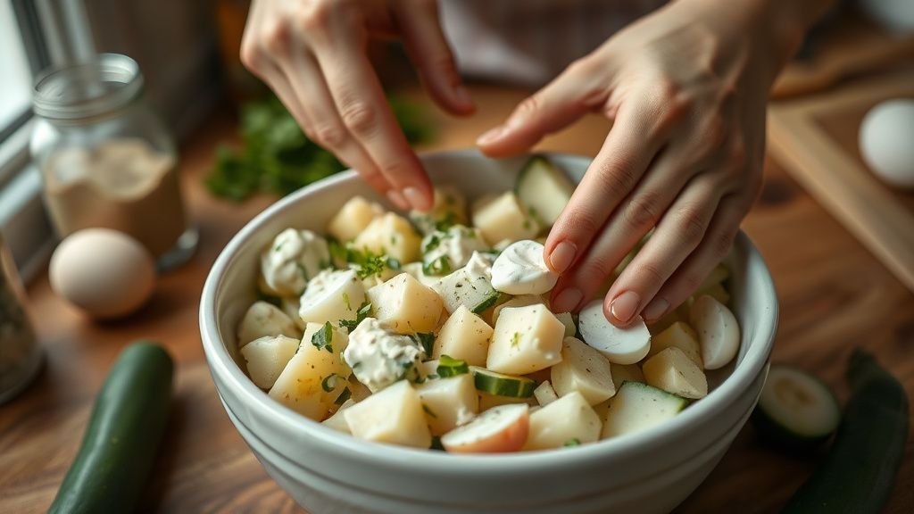 Salade piémontaise sans lactose : la version fraîche et douce 2 Mains mélangeant une salade piémontaise sans lactose dans un saladier en céramique sous lumière naturelle