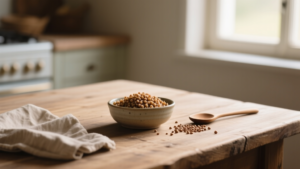 Comment cuisiner le sarrasin en grain sans le rater 2 Bol de sarrasin en grain cuit sur une table en bois avec linge en lin et lumière naturelle