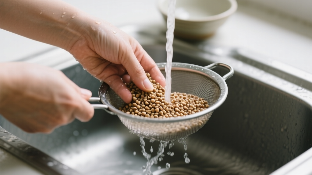 Mains rinçant du sarrasin en grain dans une passoire fine sous l’eau froide en cuisine