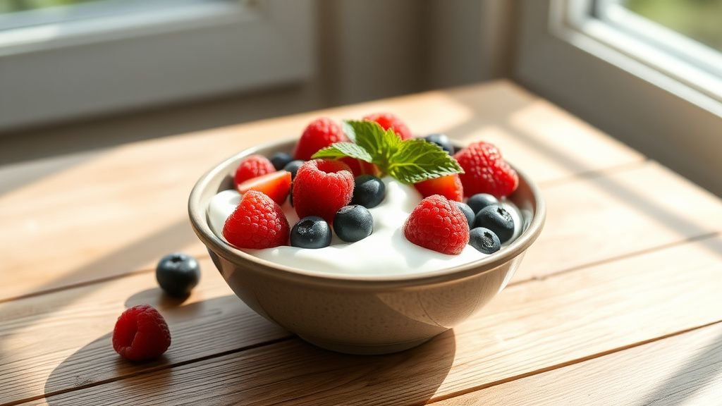 Skyr aux fruits rouges : le dessert frais qui cale à 17h 1 Bol de skyr aux fruits rouges sur une table en bois, lumière naturelle douce et ambiance estivale
