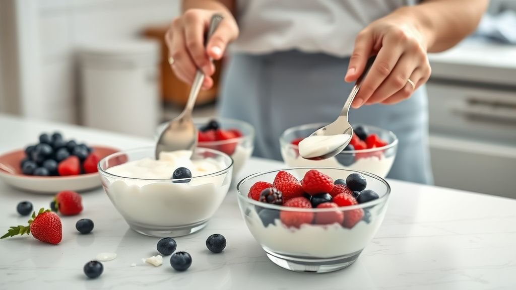 Skyr aux fruits rouges : le dessert frais qui cale à 17h 2 Mains préparant un skyr aux fruits rouges dans de petits bols en verre sous une lumière naturelle