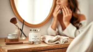 Mains appliquant un soin léger sur le visage devant une coiffeuse lumineuse et minimaliste