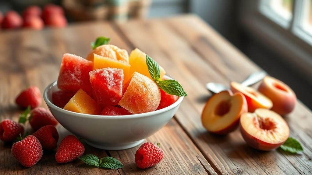 Sorbet minute à l’extracteur de jus : 4 idées sans sucre 1 Bol de sorbet minute maison aux fruits rouges et à la mangue sur une table en bois