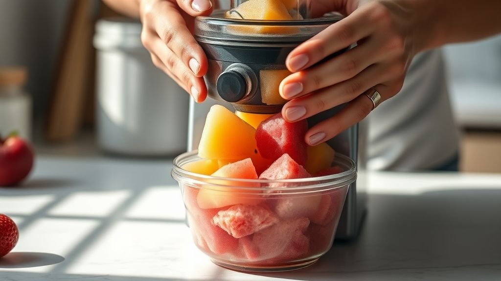Sorbet minute à l’extracteur de jus : 4 idées sans sucre 2 Mains préparant un sorbet minute avec des fruits congelés dans un extracteur de jus