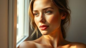 Portrait d’une femme avec un maquillage effet bronzé doux et lumineux près d’une fenêtre