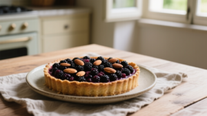 Tarte au cassis et amandes sans gluten, fruitée et douce 2 Tarte au cassis et amandes sur une assiette en céramique, posée sur une table en bois sous lumière naturelle