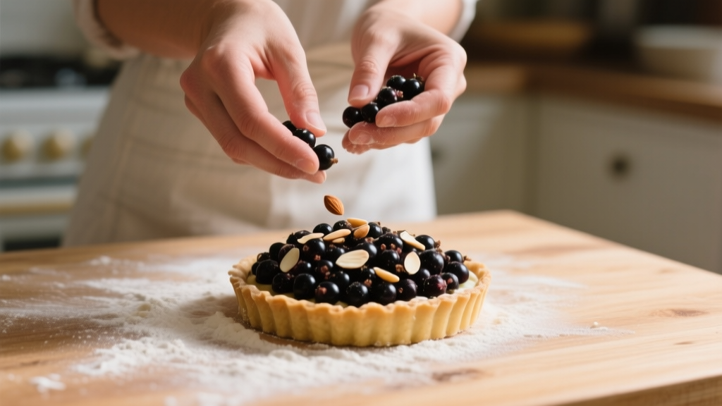 Mains déposant des cassis et des amandes effilées sur un fond de tarte dans une cuisine lumineuse