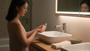 Mains appliquant un sérum sur une peau légèrement humide dans une salle de bain douce et minimaliste